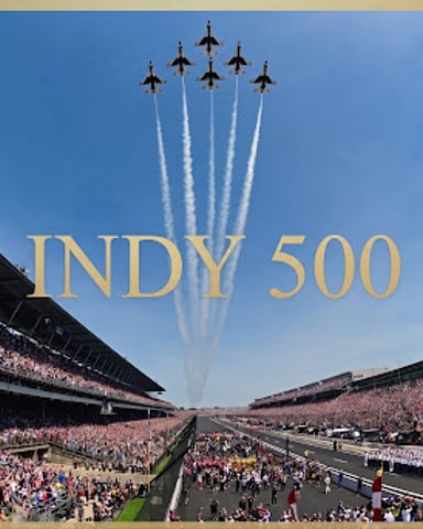 Military jets performing flyover at Indianapolis Motor Speedway with packed grandstands and INDY 500 text