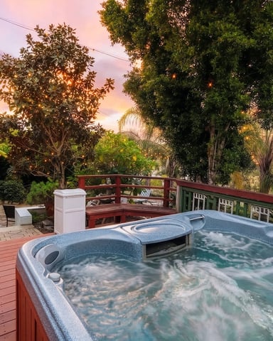 Hot tub on wooden deck overlooking tropical garden with palm trees and red wooden bridge at sunset