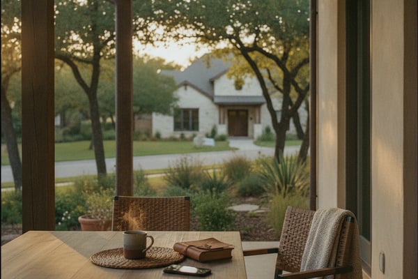 Covered patio with woven chairs and wooden table overlooking manicured lawn, mature trees, and modern white house