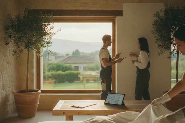 Bedroom with large window overlooking countryside, two people conversing, potted olive trees, wooden desk with laptop and papers, exposed beam ceiling.