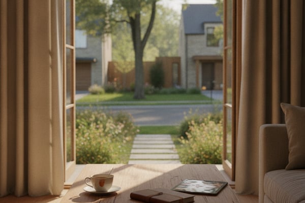 Open doors from living room with wooden table, coffee cup, and books overlooking manicured courtyard with trees and neighboring houses