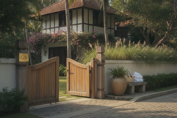 Two-story tropical villa with terracotta roof, wooden gate entrance, magenta bougainvillea, and palm trees.
