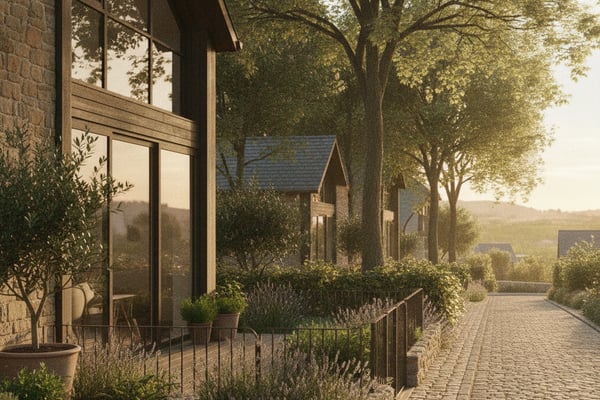 Modern brick house with large windows overlooking a tree-lined courtyard and rolling countryside