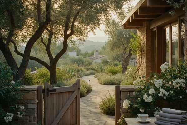 Stone cottage with wooden gate, paved pathway through Mediterranean garden with olive trees and white flowers, mountain views beyond