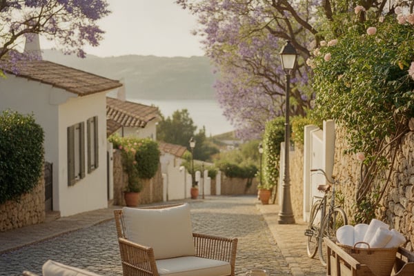 Cobblestone village street with wicker chairs, flowering jacaranda trees, whitewashed buildings, and lake view in distance
