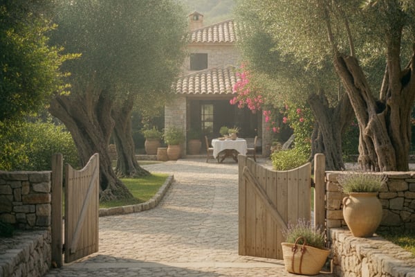 Stone villa with terracotta roof framed by mature olive trees, pink bougainvillea, and wooden gates along gravel driveway