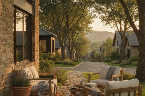 Stone cottage patio with wooden chairs overlooking tree-lined village street and distant hills