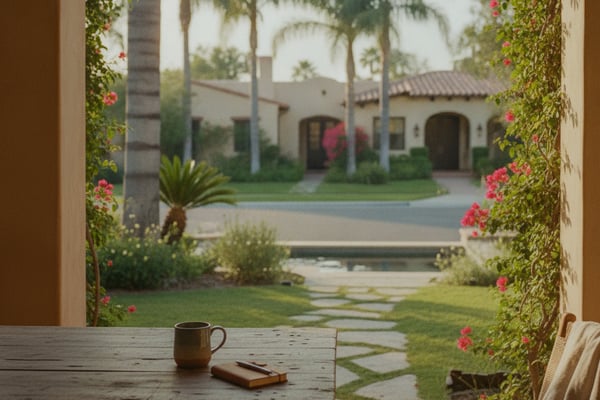 View through arched doorway with flowering vines to Spanish-style courtyard with palm trees and white buildings